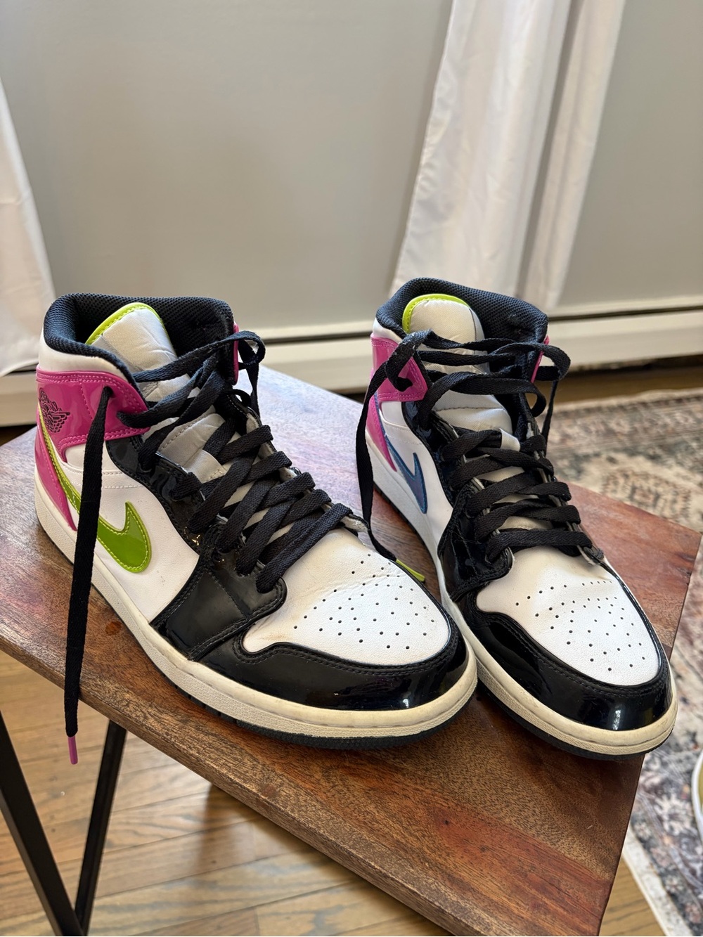 Jordan Retro High Top Sneakers White Black with Pink, Green & Blue Accents - Picture 6 of 7